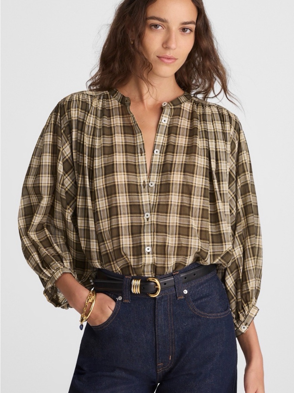 Madewell Balloon Sleeve Plaid Button-Front Peasant Blouse - Olive Plaid